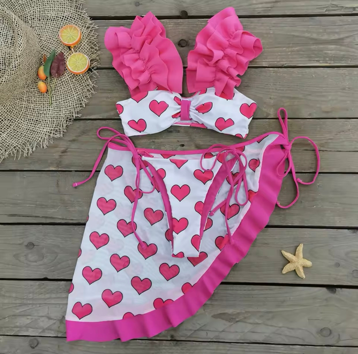 ‘VALERIE’ Pink Heart Three Piece Bikini Set