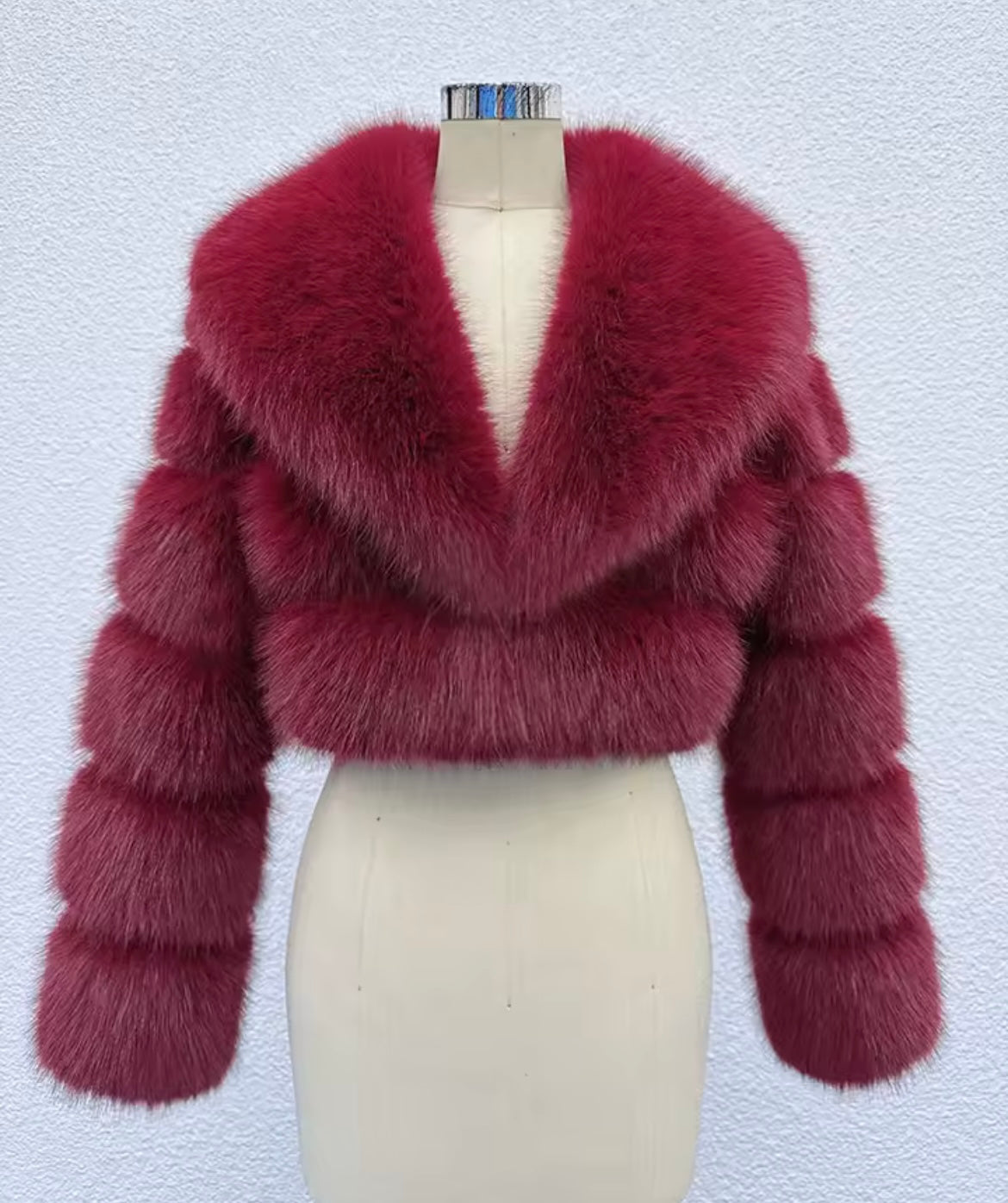 Wine Red Cropped Faux Fur Coat