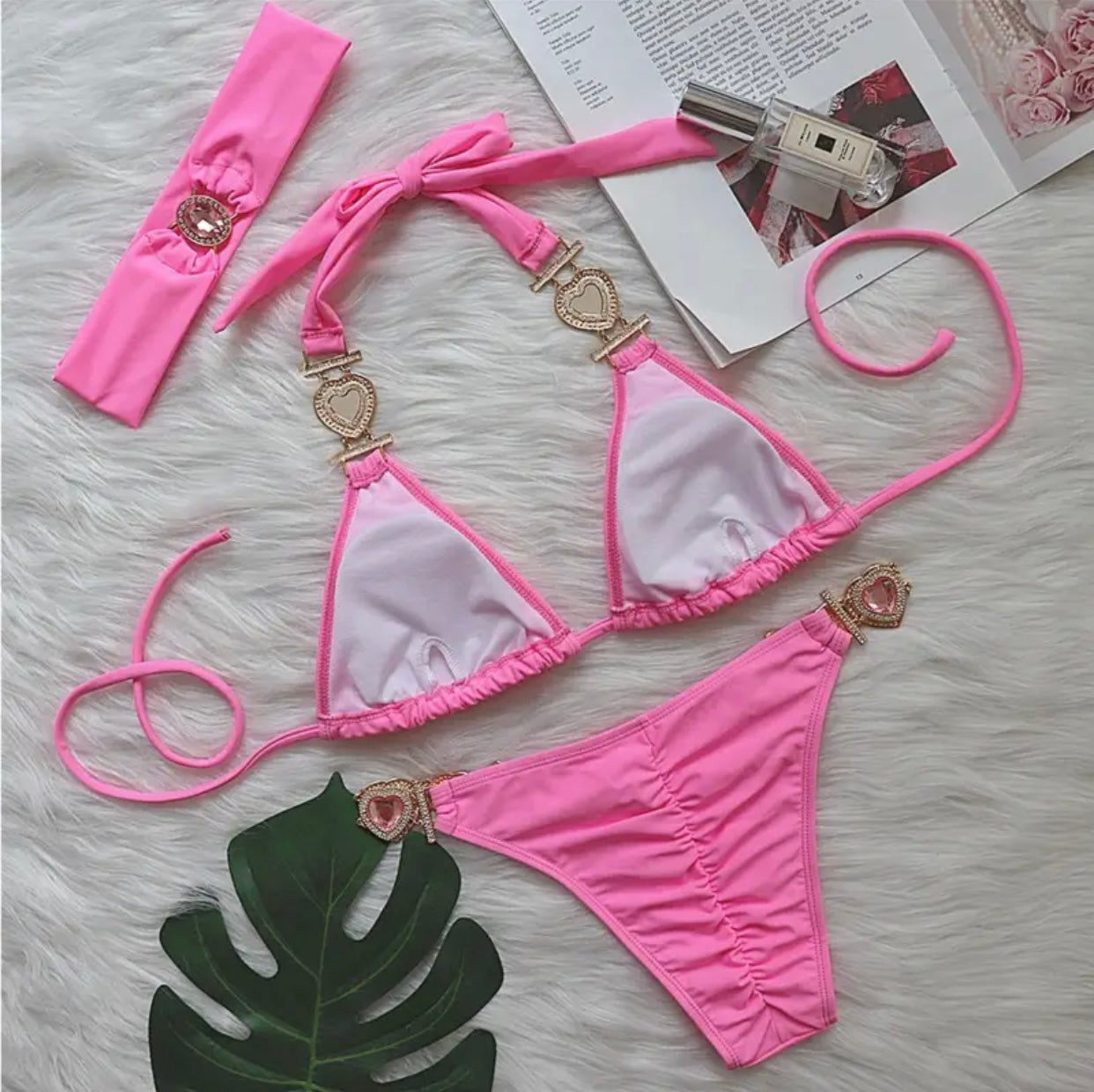 ‘DELILAH’ Pink Diamanté Three Piece Bikini Set