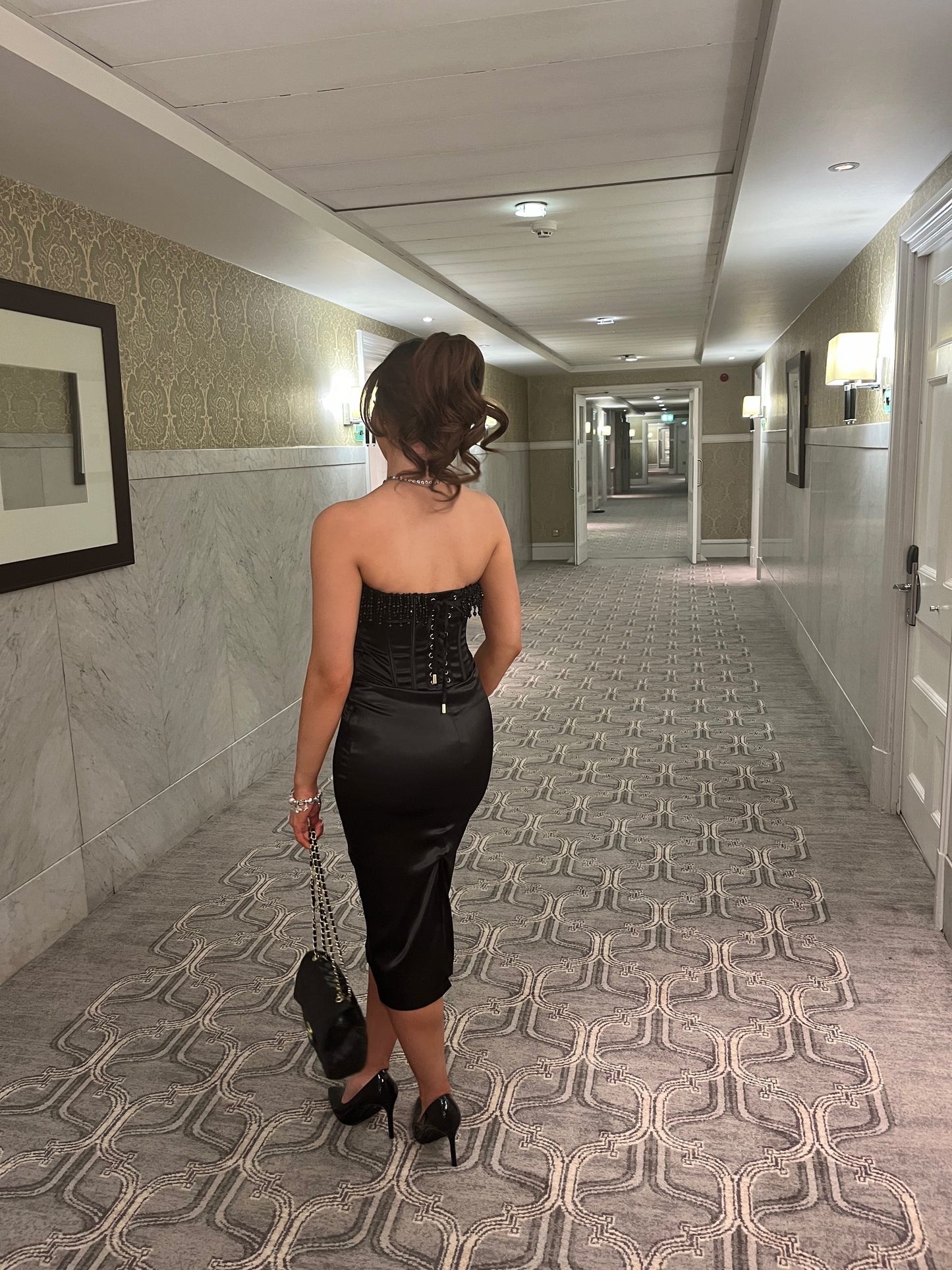 ‘KENDALL’ Black Satin Corset Midi Dress