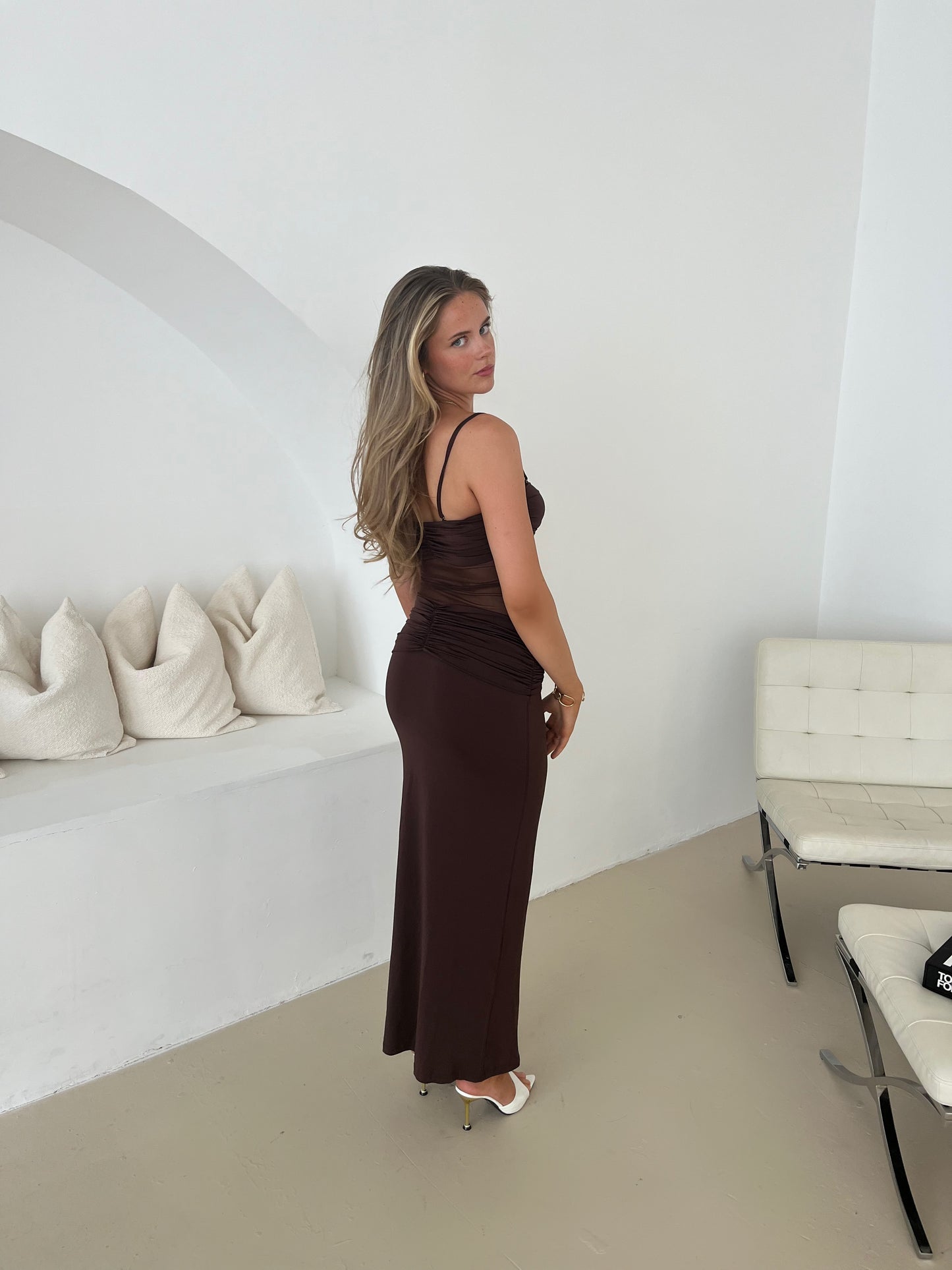 ‘HARLEIGH’ Brown Cut Out Mesh Maxi Dress