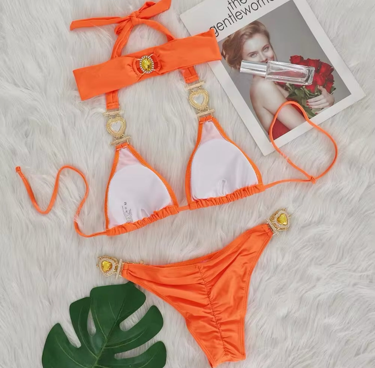 ‘DELILAH’ Orange Diamanté Three Piece Bikini Set