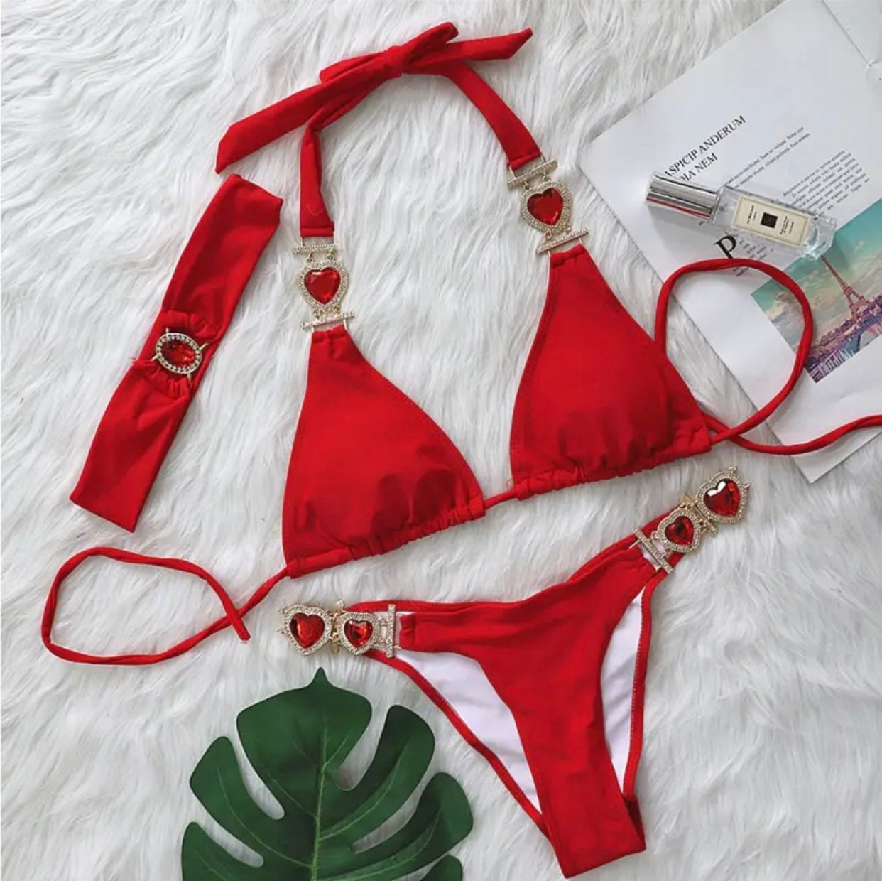 ‘DELILAH’ Red Diamanté Three Piece Bikini Set