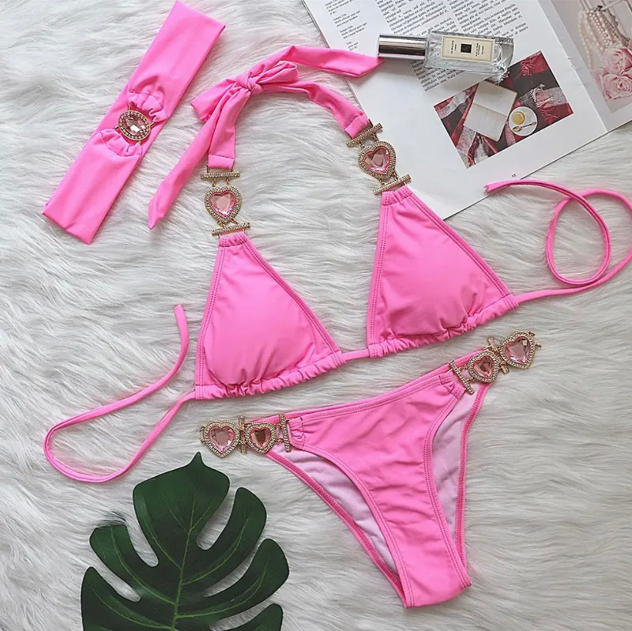 ‘DELILAH’ Pink Diamanté Three Piece Bikini Set