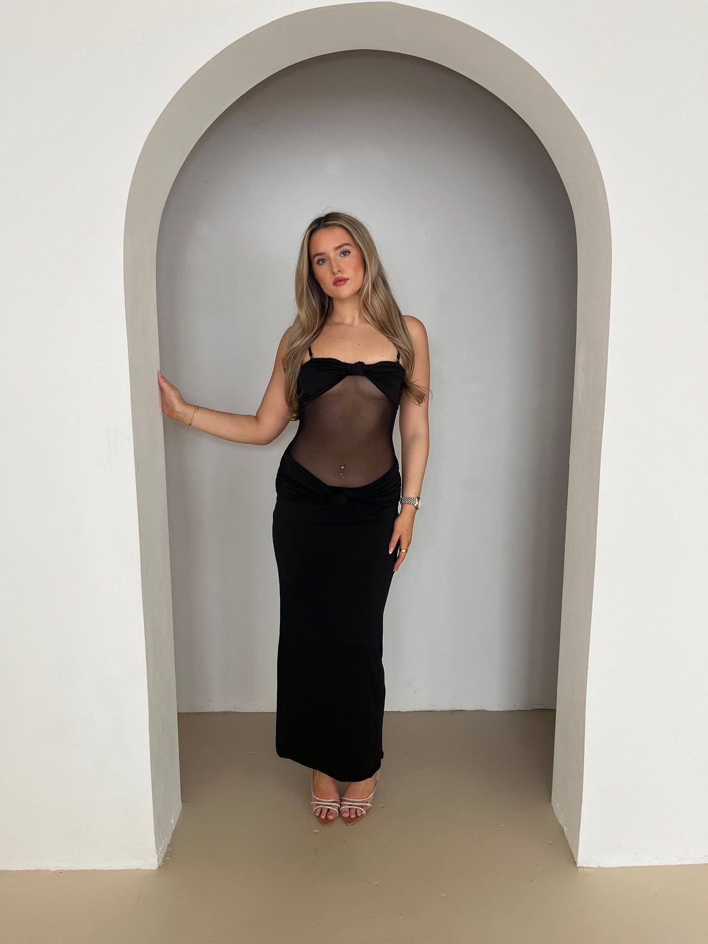 ‘HARLEIGH’ Black Cut Out Mesh Maxi Dress