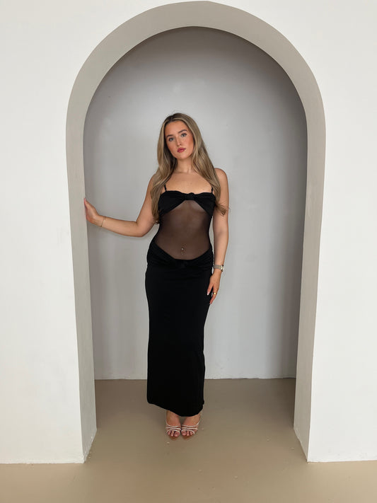 ‘HARLEIGH’ Black Cut Out Mesh Maxi Dress