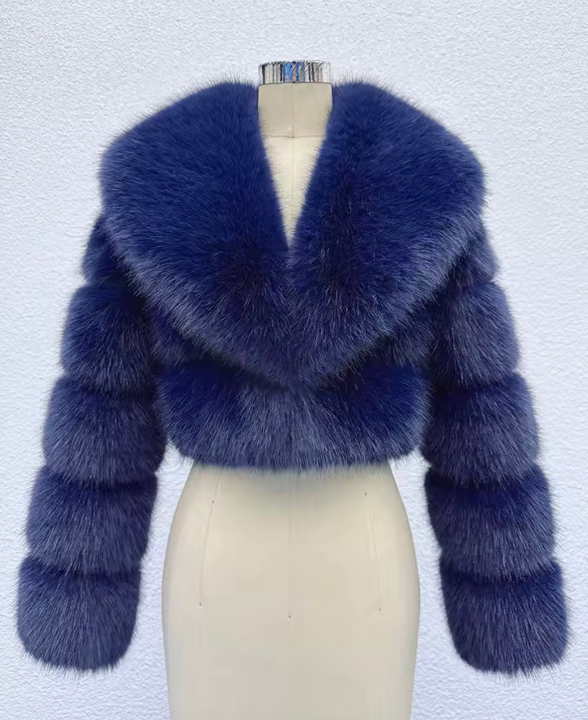 Navy Blue Cropped Faux Fur Coat