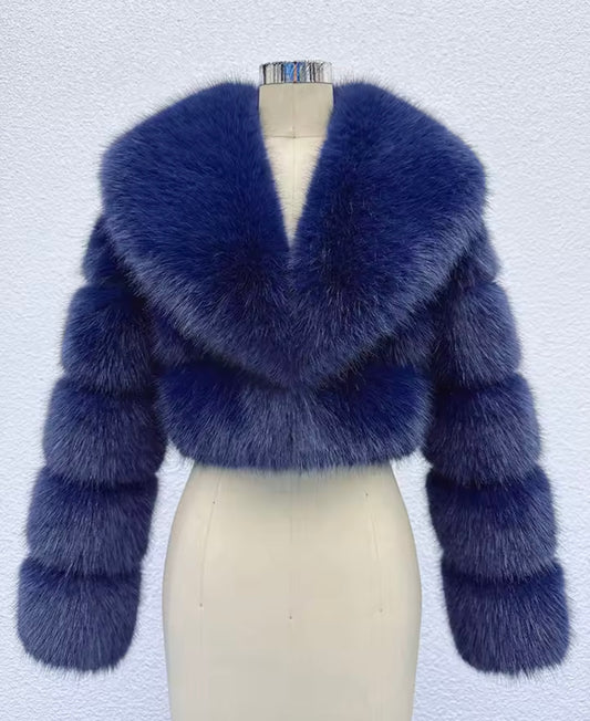 Navy Blue Cropped Faux Fur Coat
