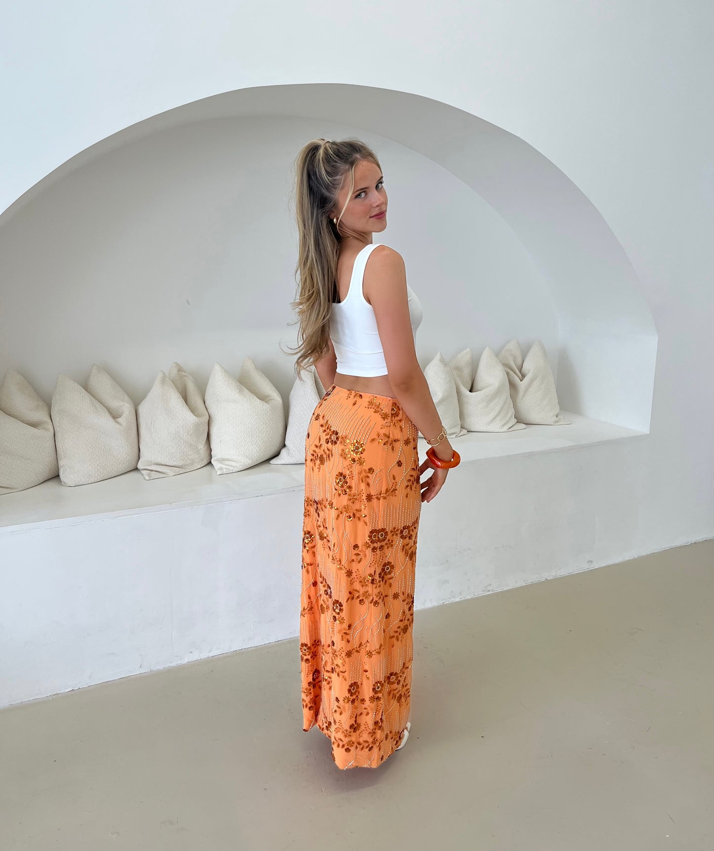 ‘ADRIANA’ Orange Embellished Maxi Skirt