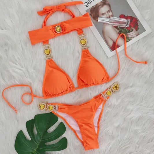 ‘DELILAH’ Orange Diamanté Three Piece Bikini Set