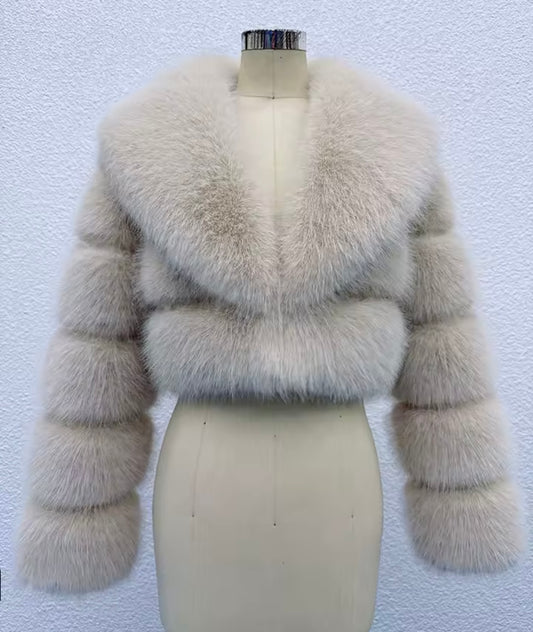 Beige Cropped Faux Fur Coat