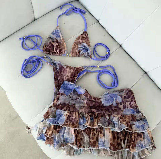 ‘RAINA’ Blue Leopard Print Three Piece Bikini Set