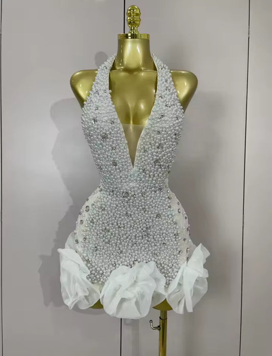 ‘PRICILLA’ White Pearl Mini Dress