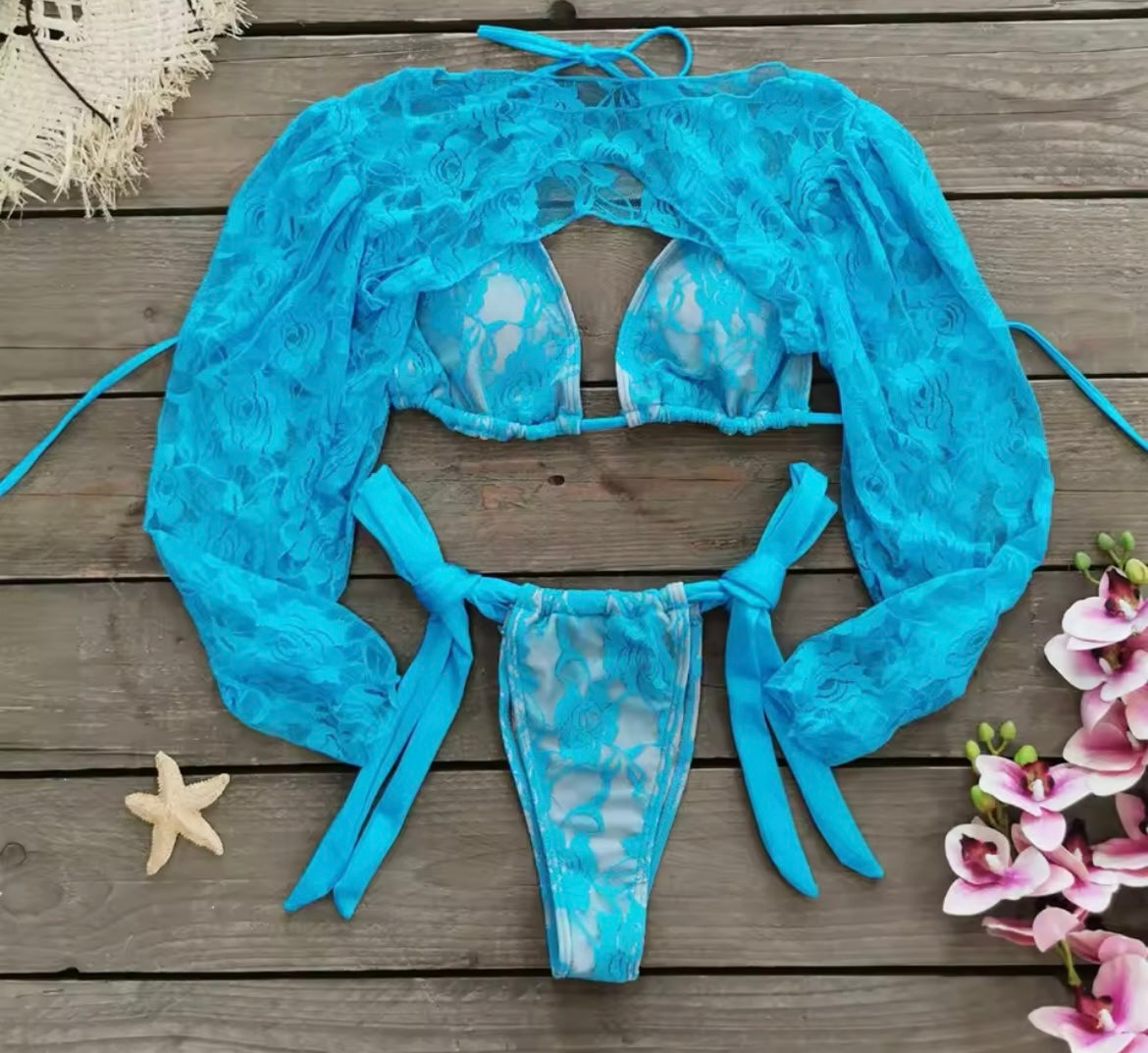 ‘KYLIE’ Blue Lace Three Piece Bikini Set